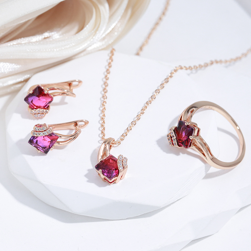 SYOUJYO-Conjuntos de joyería de circón Natural rojo granate Vintage, Color oro rosa 585, vestido de , collar, pendientes, anillo,