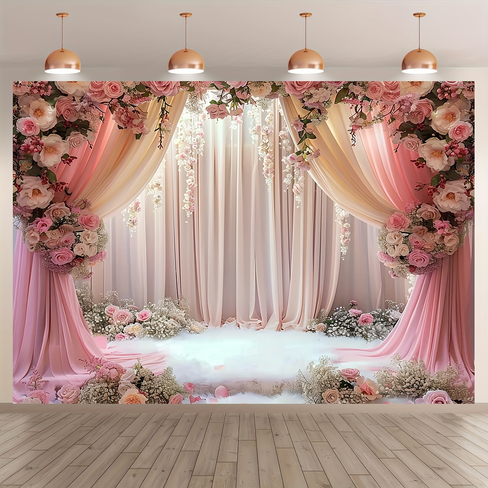 Romantic pink floral polyester background curtains, photo booths decorate bridal showers, engagements and weddings