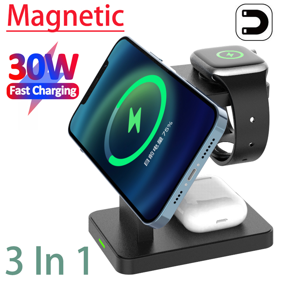30w 3 in 1 magnetisches kabelloses ladegerät für iphone 13, 12 pro max, schnelllade-dockingstation für apple watch 6 se, airpods pro 2 und 3