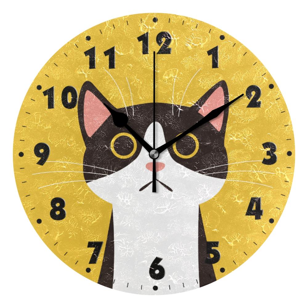 25cm Round Cat Face Hanging Wall Clock DIY Non Ticking Silent Wall Watch for Living Room Quiet Desk Clock Relogio De Parede