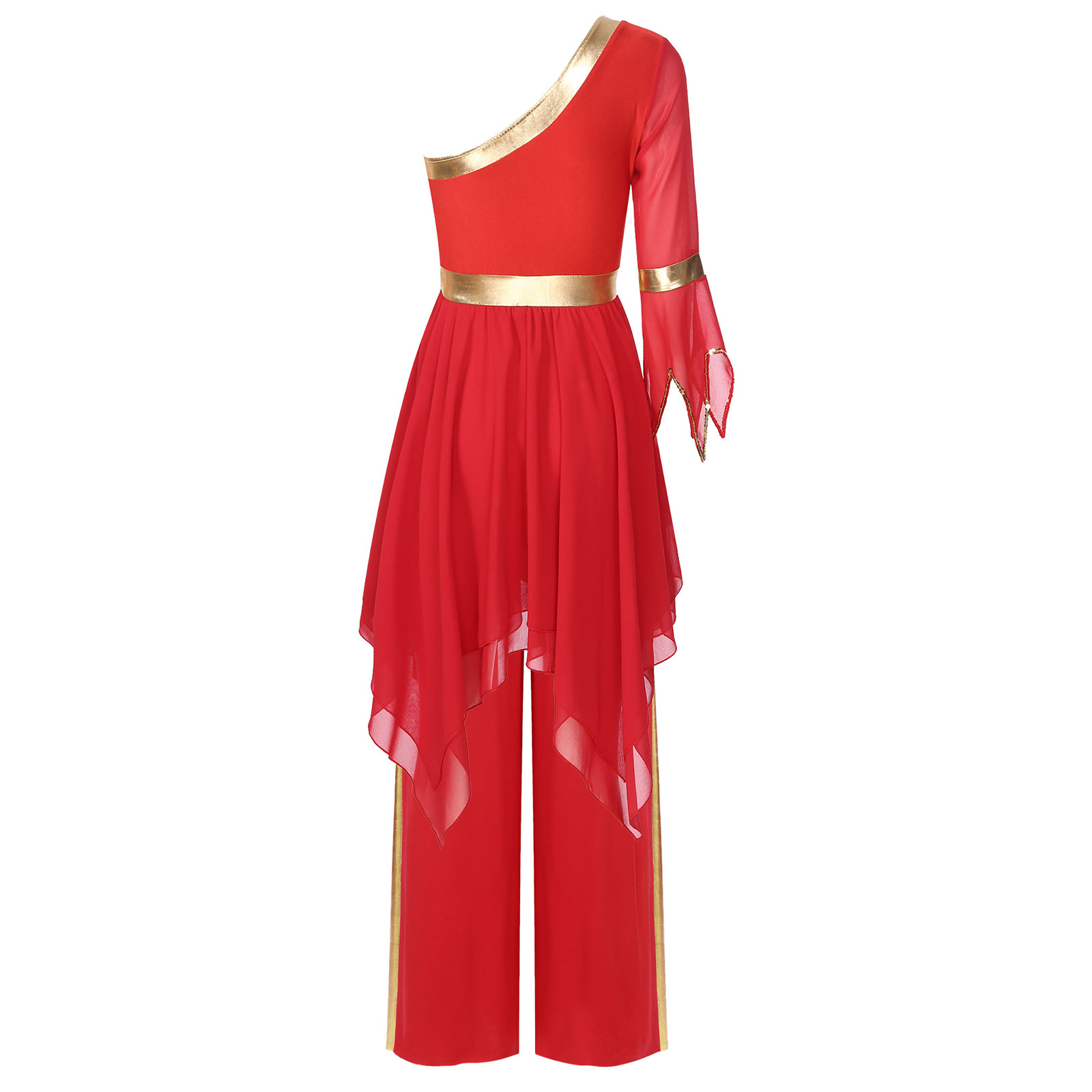 Tenue de culte de chorale d'église liturgique pour femmes, Costume de danse lyrique, asymétrique épaule dénudée, manches évasées, robe avec pantalon à jambes larges