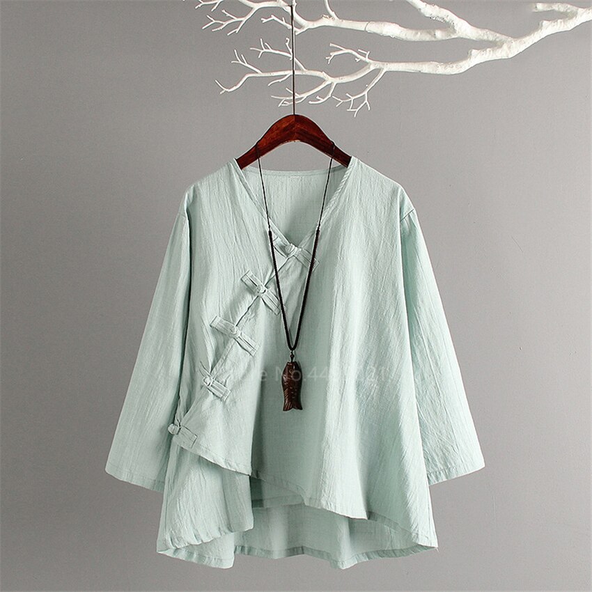 Traditional Chinese Women Tops Retro Casual Solid Linen Tea Set Breathable Tai Chi Hanfu Full Sleeve Buckle Tops Trousers: Green Shirt