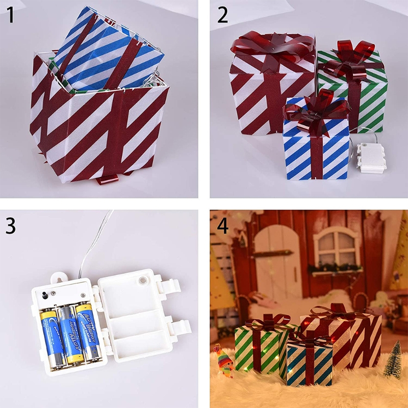 3pcs Lighted Boxes Christmas Decorations with Bows Red Green Blue Stripe Box Party Home Yard Decor