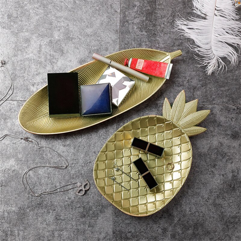 Houten Gouden Ananas Dessert Fruitschaal Mode Geometrische Eettafel Opbergvak Ananas Blad Decoratie Ambachten Ornament