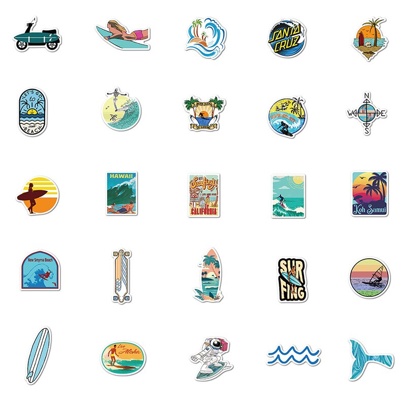 50PCS Outdoor Surfing Stickers Summer Tropical Beach Surfing Stickers For Surfboard Luggage Water Bottle Wall Laptop Sticker