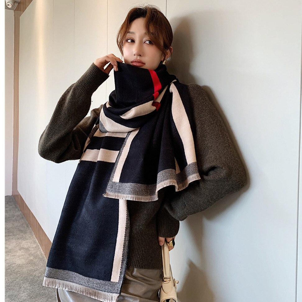 Écharpe de luxe noire à carreaux en cachemire pour femme, épaisse, chaude, enveloppe, Pashmina, pour l&#39;hiver