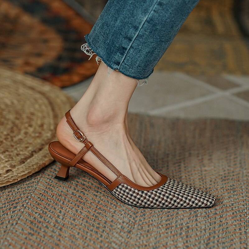 2022 Retro Ladies Stiletto Slingback Pointed Toe Shallow Mouth Single Shoes Plaid Summer Women&#39;s Sandals: brown / 35