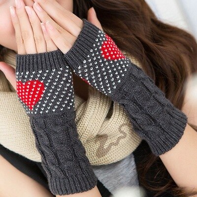 1 Pair Winter Heart Printing Half-finger Gloves Women Stylish Thick Warm Knitted Arm Wrist Warmer Fingerless Cute Gloves