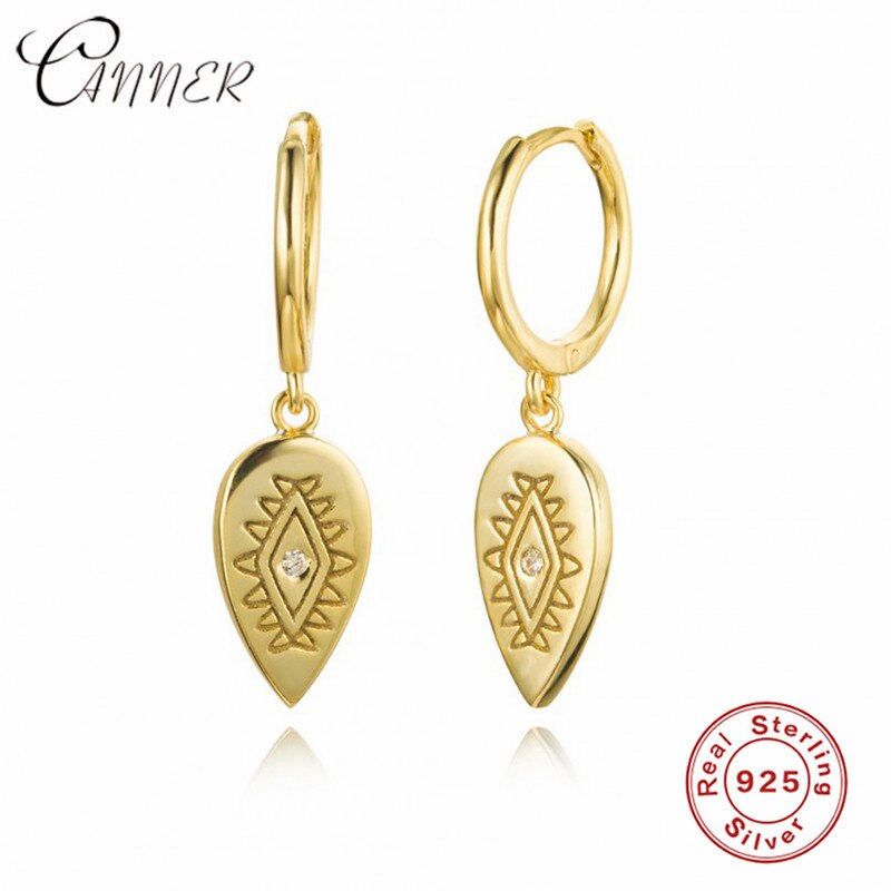 Canner 2019 novo 925 brincos de prata esterlina ouro pequeno pendurado hoop brincos para feminino boho folha brincos moda jóias: Gold