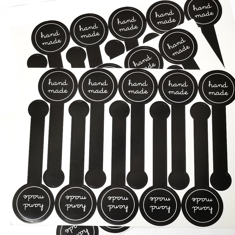 100 Stück runde Kopf-schwarze handgefertigte Waren-Etiketten, selbstklebende Aufkleber zum Backen von Kuchen, Box, DIY-Dekorationspaket