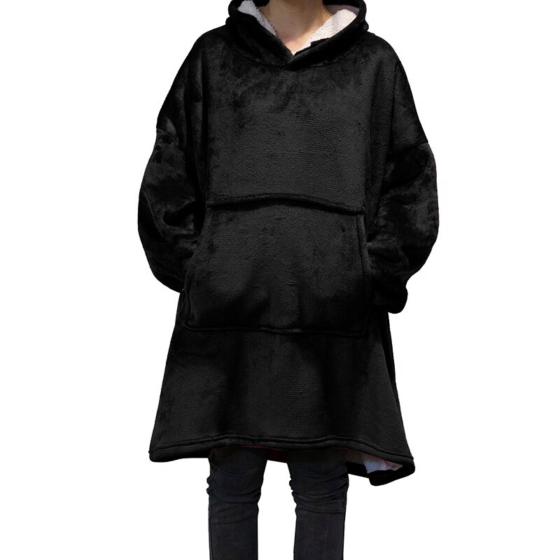 Sudaderas con capucha de lana de gran tamaño para hombre y mujer, manta de televisión con mangas y Bolsillo grande, Sudadera con capucha para exterior grueso de franela, Sudadera de felpa: Black