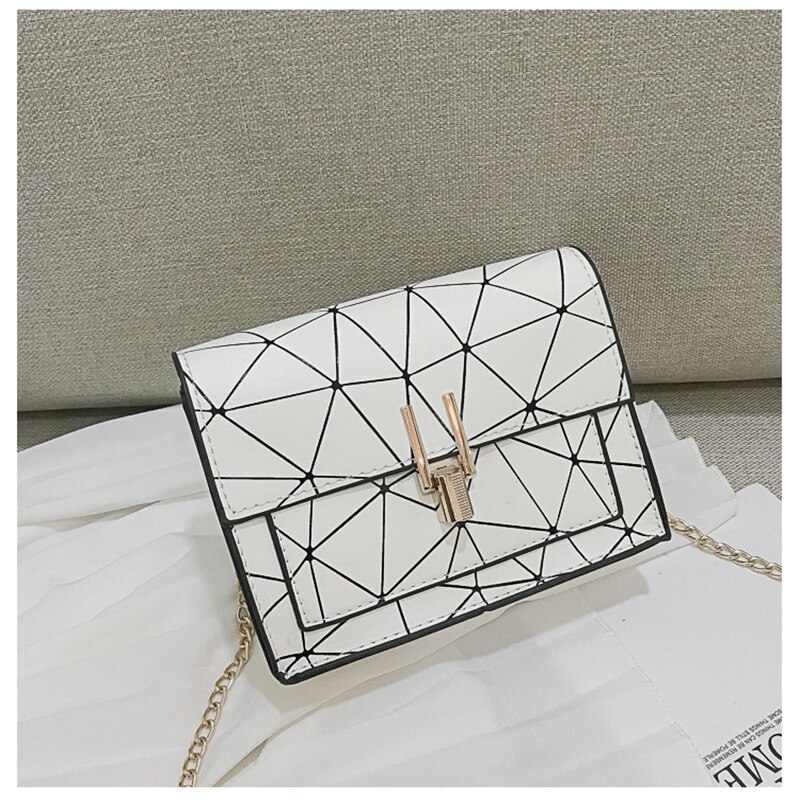 Geometrie Patroon Vrouwen Schoudertassen Lock Toevallige Kleine Messenger Bag Keten Vrouwelijke Pu Lederen Crossbody Tas Wilde Dagelijkse Tas: WK-035-White