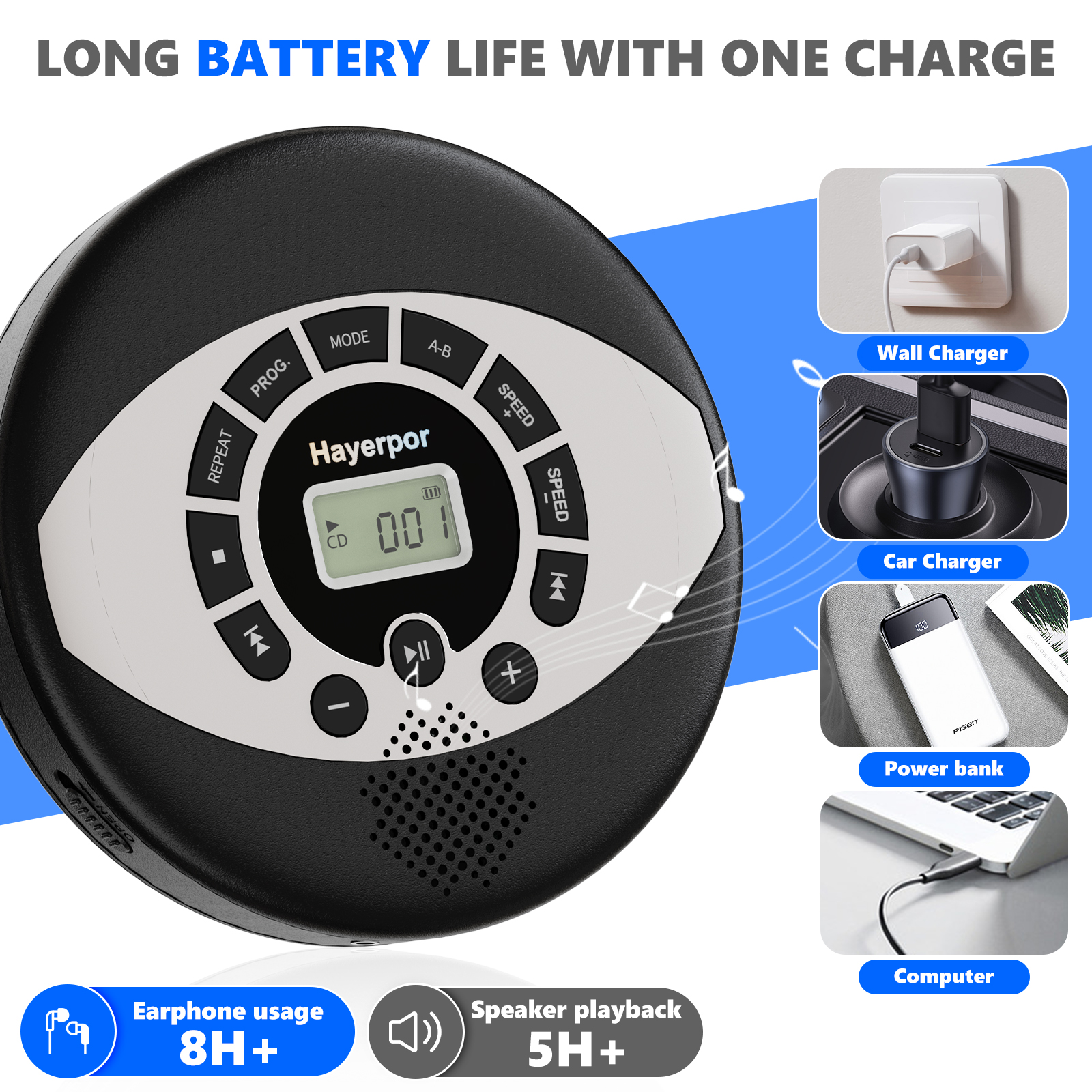 Discman rechargeable cd walkman with speaker portable cd player with USB,anti-skip protection,earbuds included,cd player for car