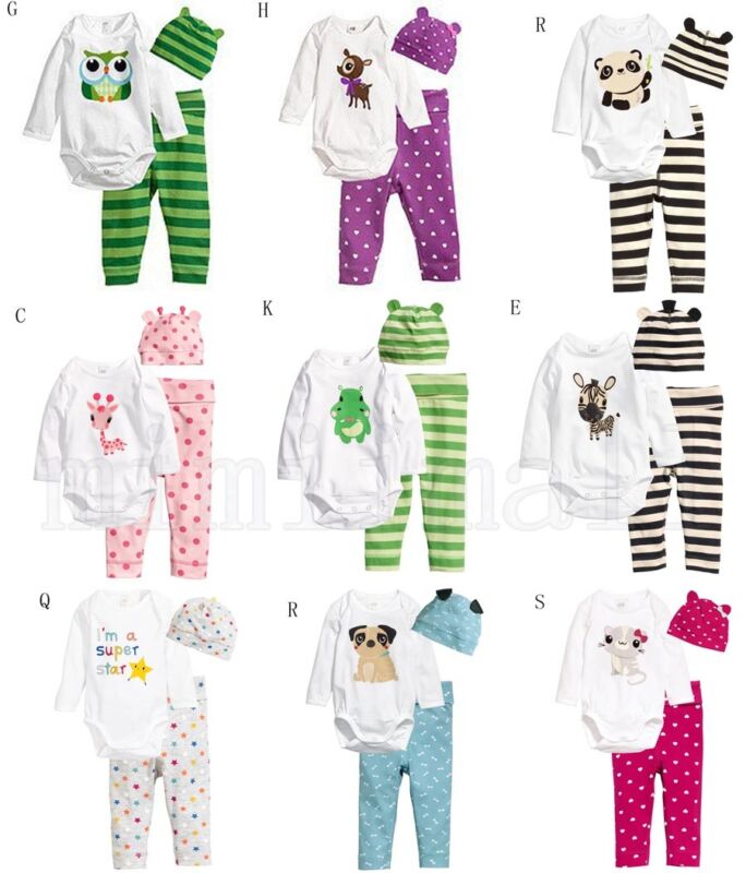 Emmababy 100cm puuvillaa vauvanvaatteita printti 3 kpl lasten vauvan tytöt pojat unisex täyshihainen body+raidalliset housut+hattuasut setit