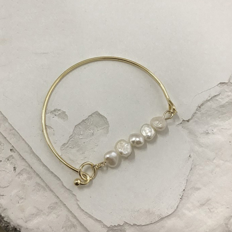 Peri'sbox Gold Irregular Chain Genuine Freshwater Pearl Bangle Large Geometric Pearl Bangles for Women Simple Jewelry: Multi Pearls