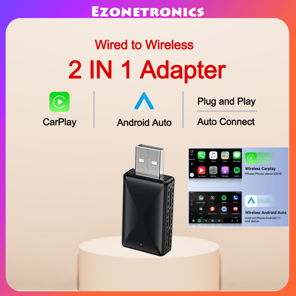 Adaptateur CarPlay Android Auto filaire vers sans fil, stéréo de voiture OEM avec USB Plug and Play, 2 en 1