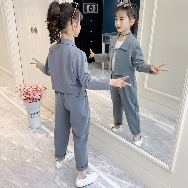 Kids Suit for Girls Formal Pant Suits for Teenagers 2PCS Blazer Set Brand Plaid Children Blazer 4 5 7 9 11 13T Wedding