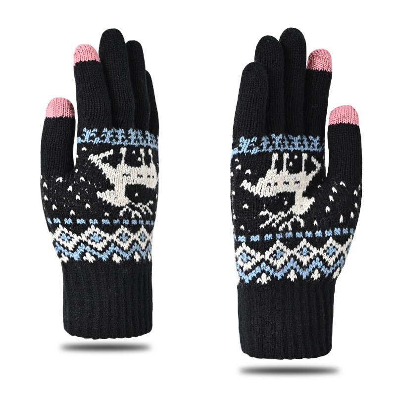2022 Mens Winter Gloves Thicken Warm Knitted Gloves Unisex Touchscreen Elk Pattern Plus Velvet Outdoor Cycling Cold Gloves: Black