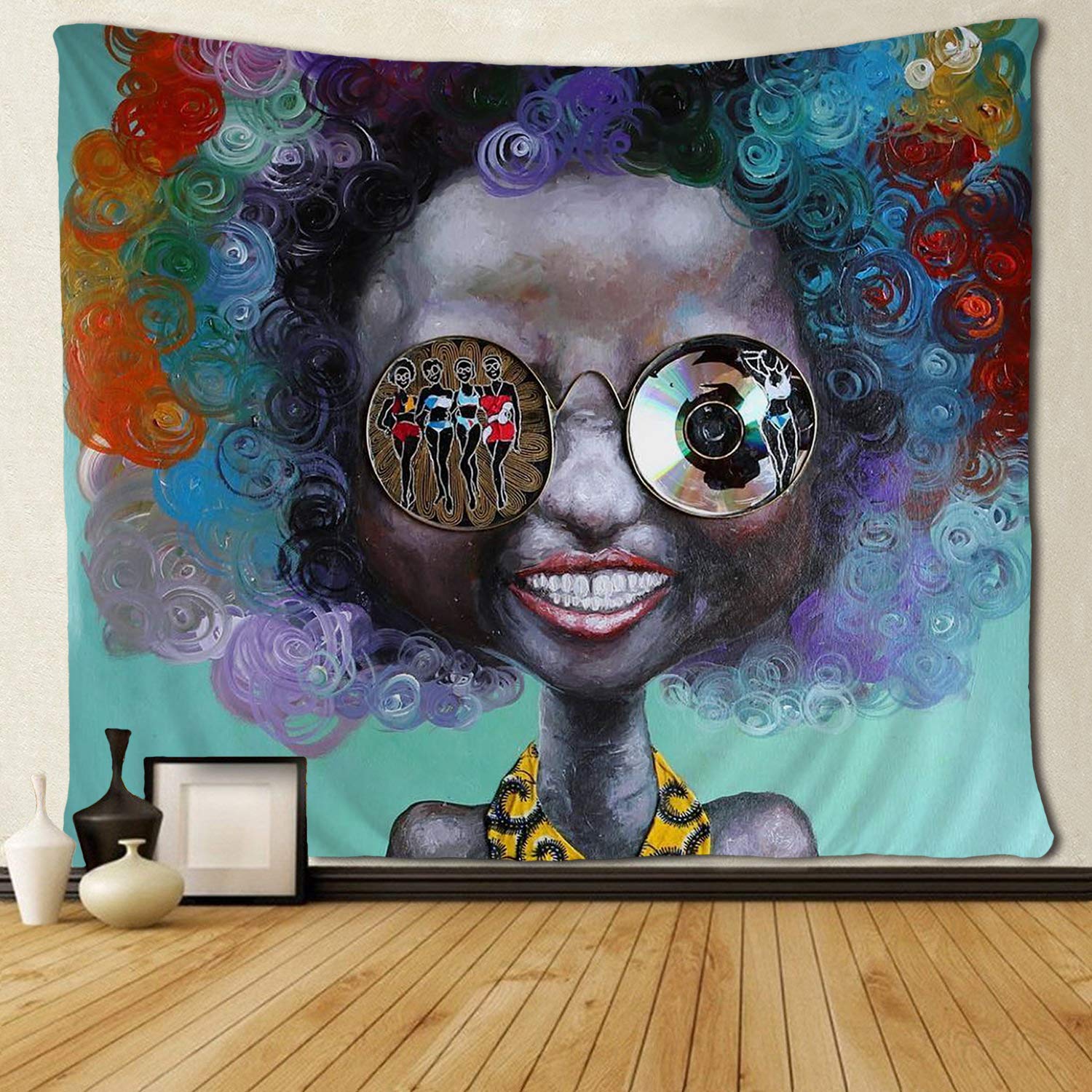 Afro sort pige afroamerikansk glad smil gobeliner hippie kunst