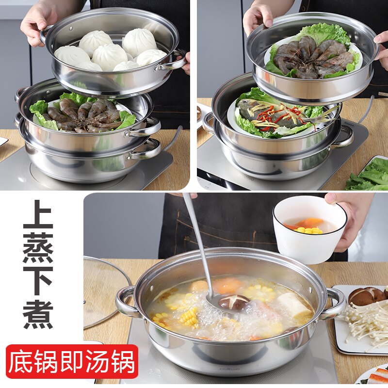 Stainless Steel Steamer Gas Induction Cooker Soup Steamboat Pot 1/2 Toer Steamer Transparent Glass Lid Kitchen Cookware
