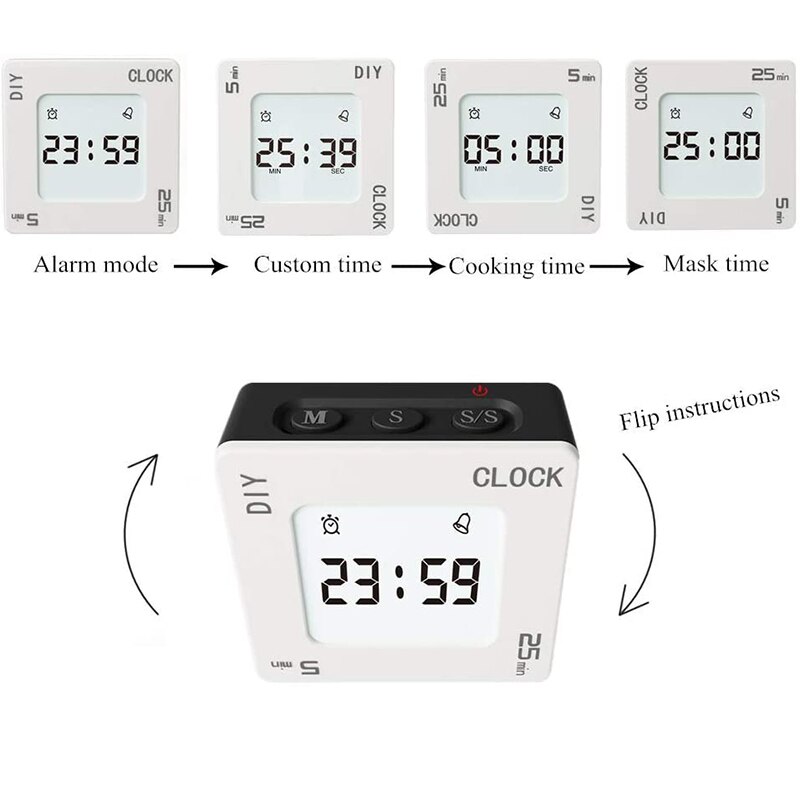 Multifunctional DIY Time Management Pomodoro Timer Square Alarm Clock Vibration Flashing Backlit Timer Reminder