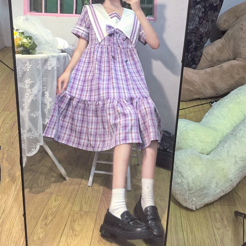 Japanese Navy Collar Sweet Navy Style School Uniform Cute Jk Plaid Dress Kawaii Girl Summer Casual Dress