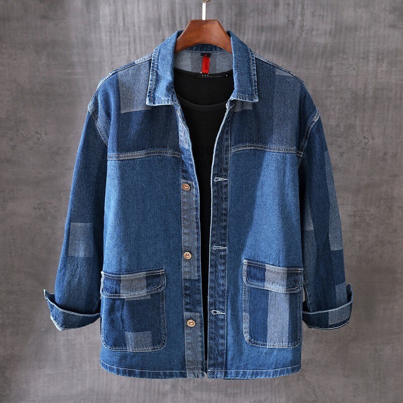 Thin Section Long Sleeve Tops Autumn Mens Denim Shirt Japanese Vintage Single Breasted Panelled Colors Loose Fit Casual Shirts: XXL