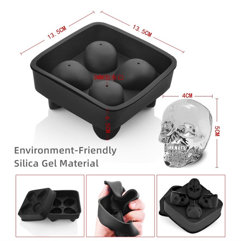 3d isbiter silikon hodeskalleform stor stor kule isbitbrettform formmaskin hode isbit hodeskalle: 4 stk  in 1 form