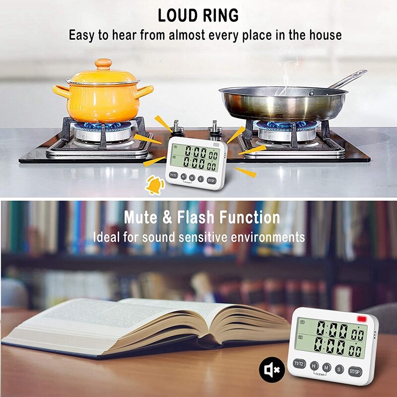 Dual Timer with 3-Level Adjustable Alarm Volume&amp;ON/OFF Switch Digital Kitchen Count Down/Up Stopwatch Timer for Cooking