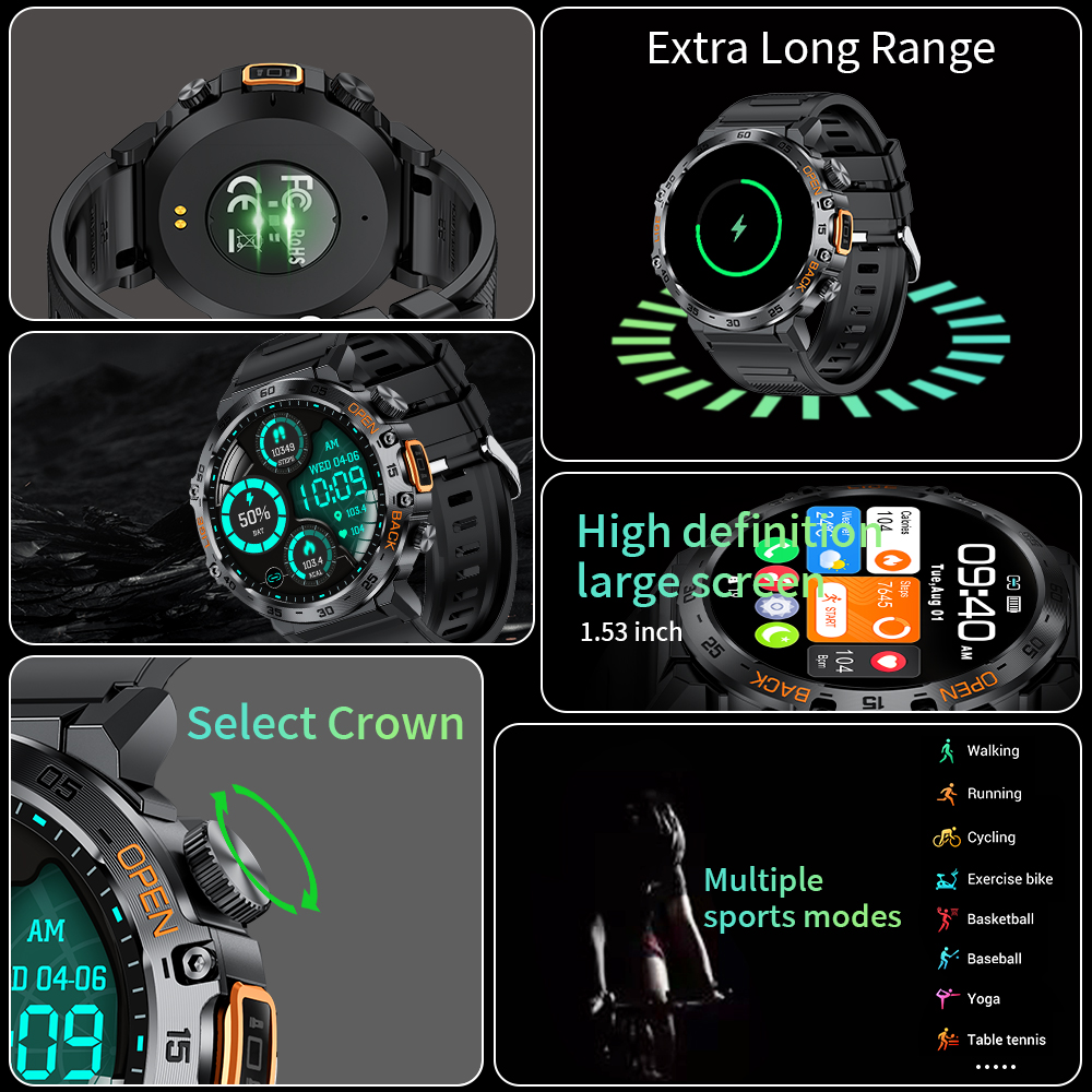 Per Huawei Xiaomi Nuovo AMOLED Smart Watch da uomo con torcia sportiva fitness tracker impermeabile chiamata Bluetooth Smartwatch uomo + scatola