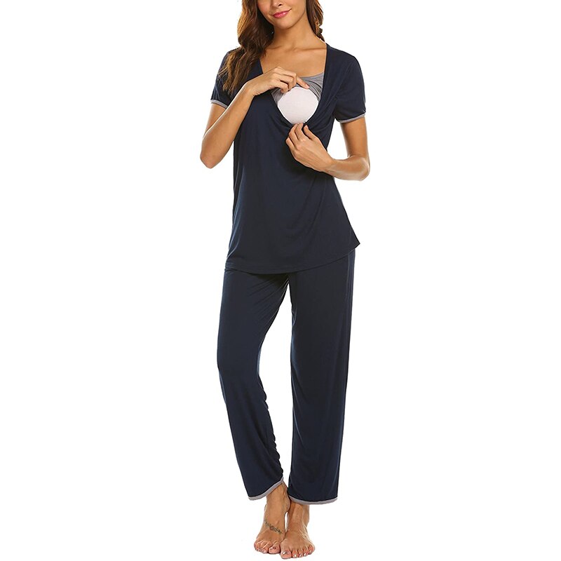 Maternité soins infirmiers vêtements de nuit pour les femmes enceintes décontracté solide allaitement pyjamas ensemble maternité maison vêtements grossesse hauts + pantalons: Bleu / S