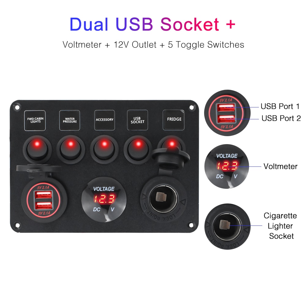 Boot Schalter Panel Auto Schalter Panel Wasserdichte Digital Voltmeter Dual USB Port 12V Outlet Kombination Marine LED Rocker 5 gang