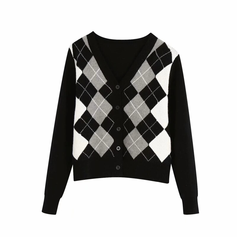 Dames engelse stijl argyle contrasterende kleuren vesten vintage enkelrijs v-hals truien vrouwelijke chique truien: Zwart / Ik