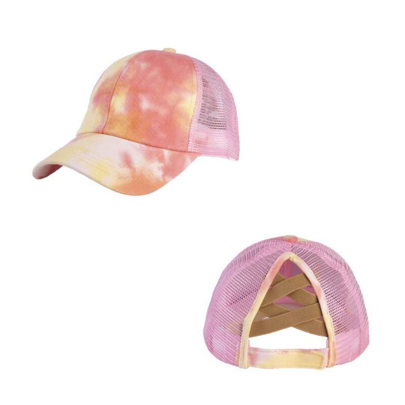 Ponytail Sport Cap Women Distressed Washed Cotton Trucker Caps Summer Snapback Hat Glitter Brim Satin Tie-dye Dad Hats: P