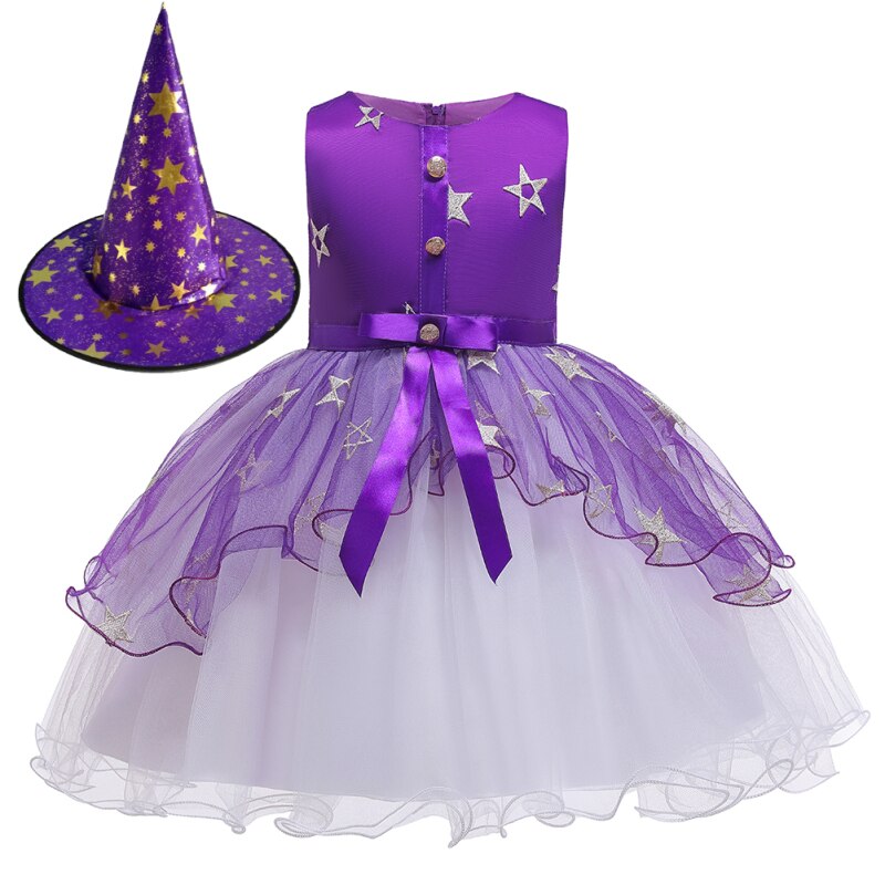 110-160cm Costume Children Dress Skirt Cosplay Girl With Hat Witch Star Skirt Witch Costume For Halloween Princess Dress Kids: purple / 120cm