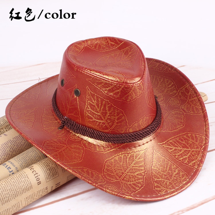 Herrer cowboy hat læder ridder hat udendørs skygge cap mand åndbar stor randen: Rød