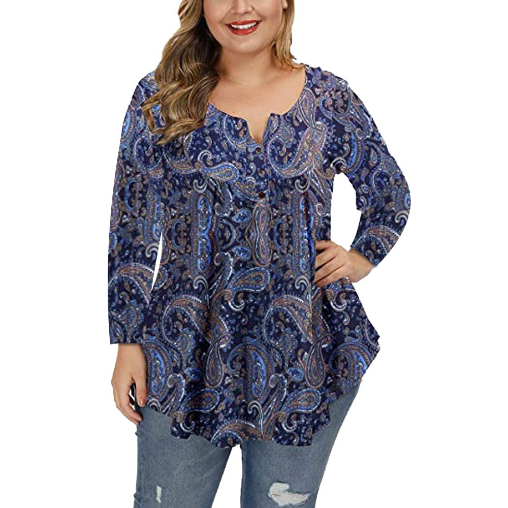 5XL Plus Size Women Clothing Plaid Print Long Sleeve Loose Tops Chubby Girls Floral Casual T-shirt Autumn Big size Tees: Blue / 5XL