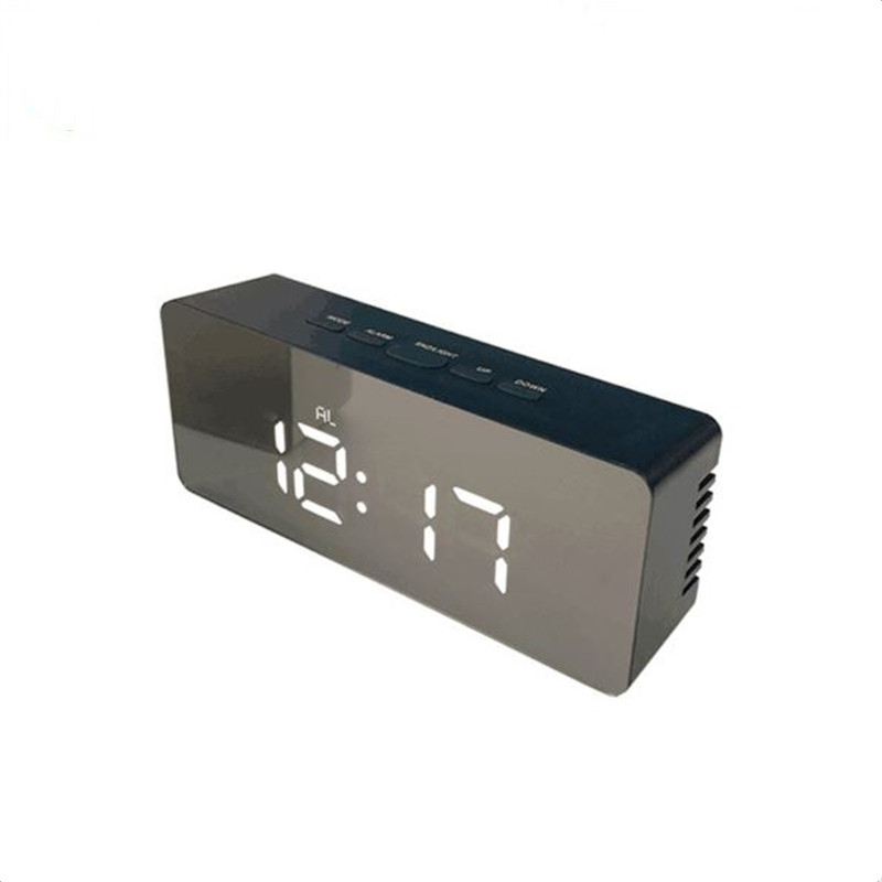 Spejl vækkeur digital snooze bordur vågne lys elektronisk tid temperatur display led makeup vækkeur: Sortkrop hvidt ord