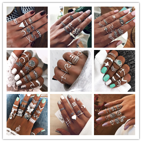 Bohemian Rings For Women Antique Silver Color Angle Anel Knuckle Gothic Punk Initial Ring Set Boho Jewelry Anniversary Gif