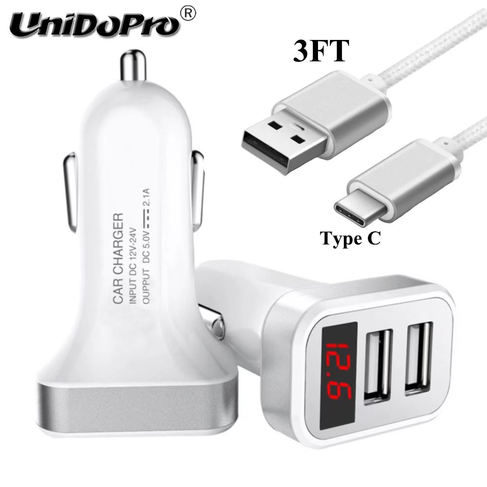 5V 2.1A Dual Usb Car Charger Voor Alcatel Idol 5 , Pulsemix, Idool 5S, A50, flash ) Smart Opladen Adapter Met Led Scherm: with Type C Cable