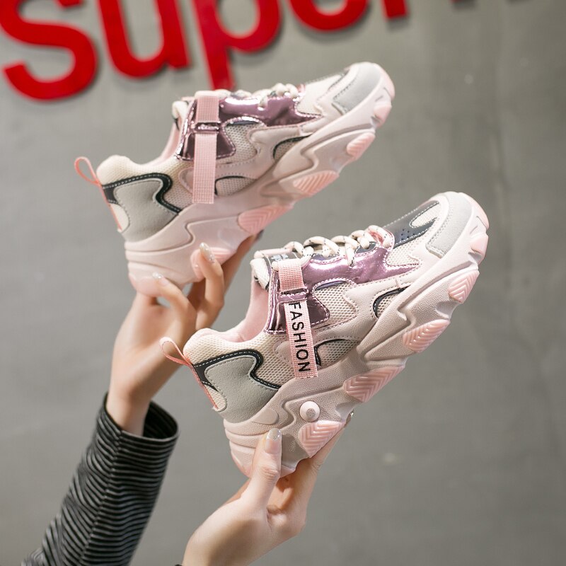 Kvinder sneakers designere chunky vulkaniserede sko pink afslappet gammel far sko kvinde tennis kvindeligt mærke platform sneaker: Lyserød / 35