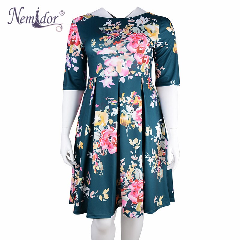 Nemidor kvinder 1950s vintage halværmer plus størrelse 8xl 9xl print a-line kjole sexet v-lav ryg fest midi swing kjole