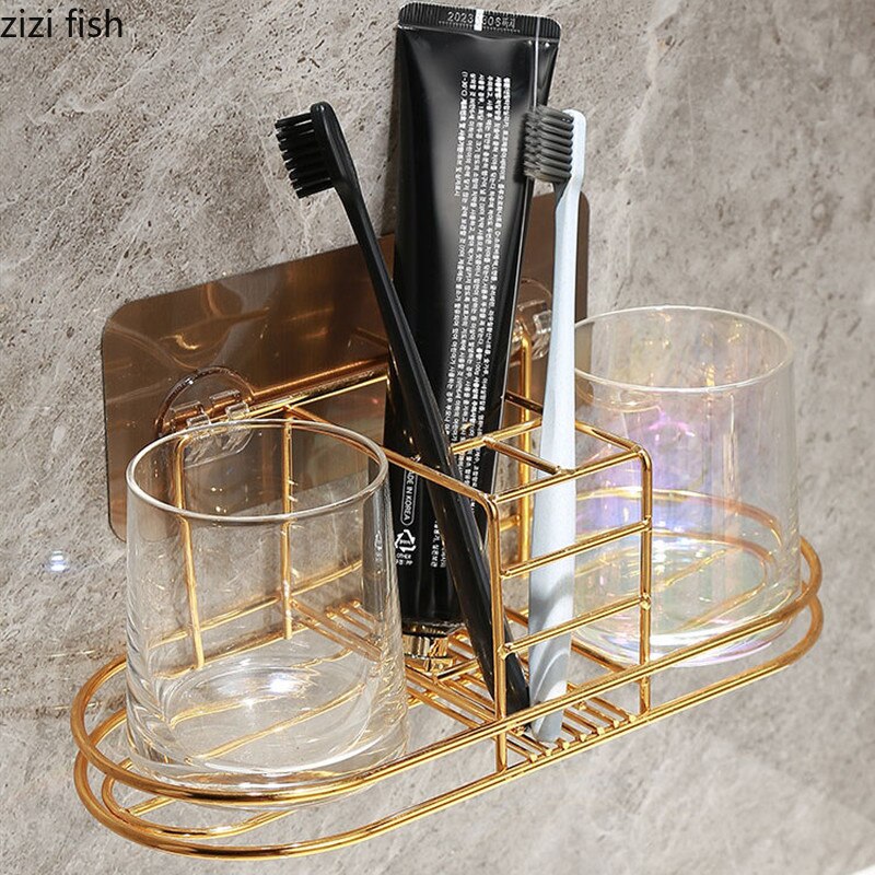 Conjunto de vasos de lavado de pared/escritorio soporte para vaso de baño de Metal suministros de vidrio enjuague bucal taza cepillo de dientes pasta de dientes estante de almacenamiento colgante de pared