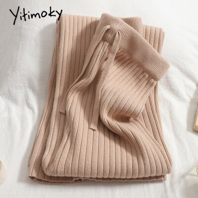 Yitimoky Knitted Wide Leg Pants for Women Streetwear Clothes Joggers Baggies Drawstring Sweatpants Work Bottoms Pants Ulzzang: Beige