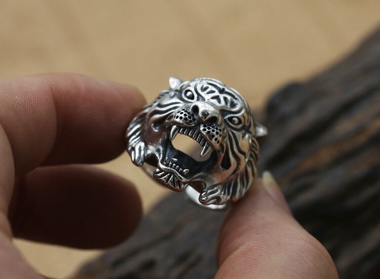 Vintage 925 Argento Bianco Anello Tigre di Buona Fortuna Anello Uomo 100% Sterling Argento Fengshui Tiger Anello Thai Anello In Argento 925