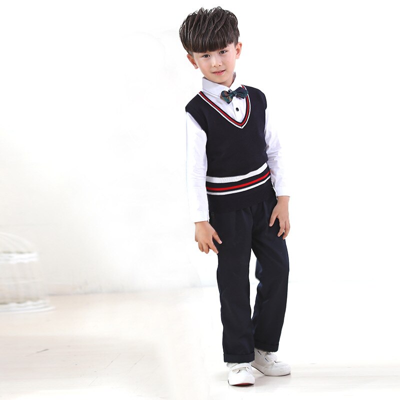 British Children School Uniforms Boys Girls Sweater Top Vest Pleated Skirt V Collar Primary Student Kindergarten Uniforms Set