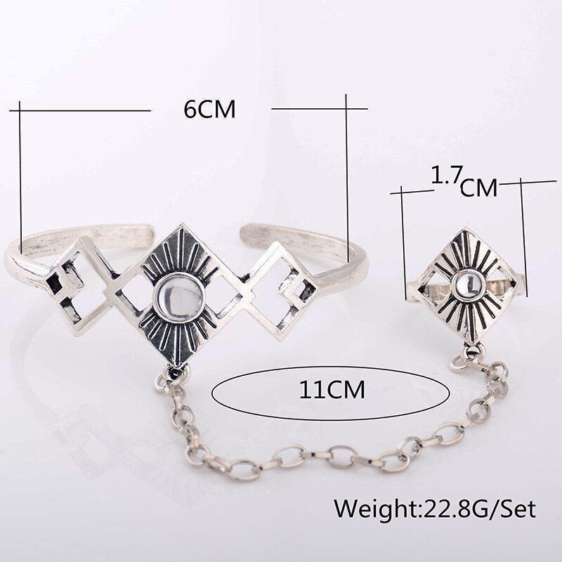 Pulseras huecas chapadas en plata antigua para mujer, brazaletes ajustables con anillo para el dedo, brazaletes para el brazo, joyería de