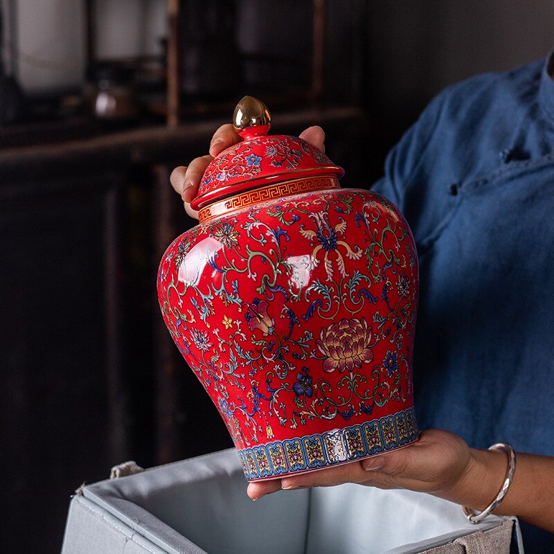 Moderne Rode Geschilderd Bloem Keramische Potten Opslag Grote Capaciteit Verzegelde Thee Blikken Gilded Porselein Ambachten Snoep Potten Woondecoratie