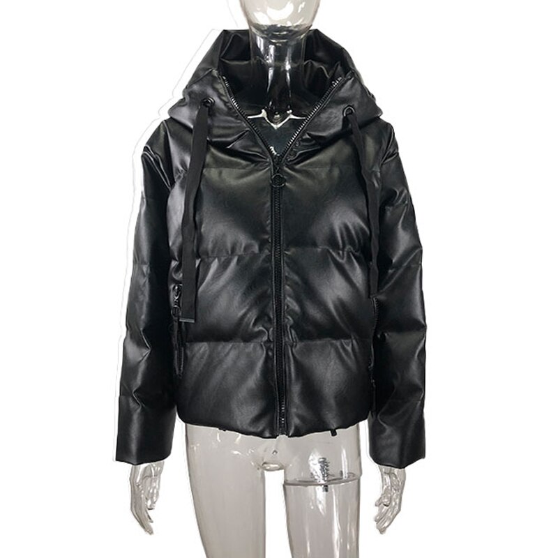 RR parka en cuir PU femme, veste en similicuir à capuche, élégante avec fermeture éclair, à la: M