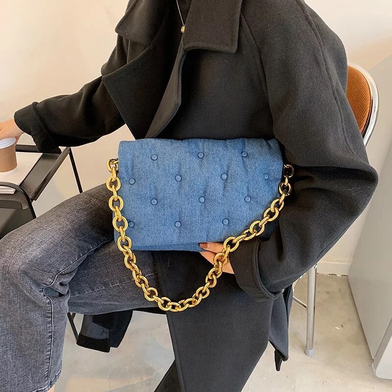 gebrandmarkt Frauen Schulter Taschen Denim Dicke Metall Kette Schulter Geldbörsen Und Handtasche Damen Handtasche Kupplung Weibliche Landstreicher Tasche